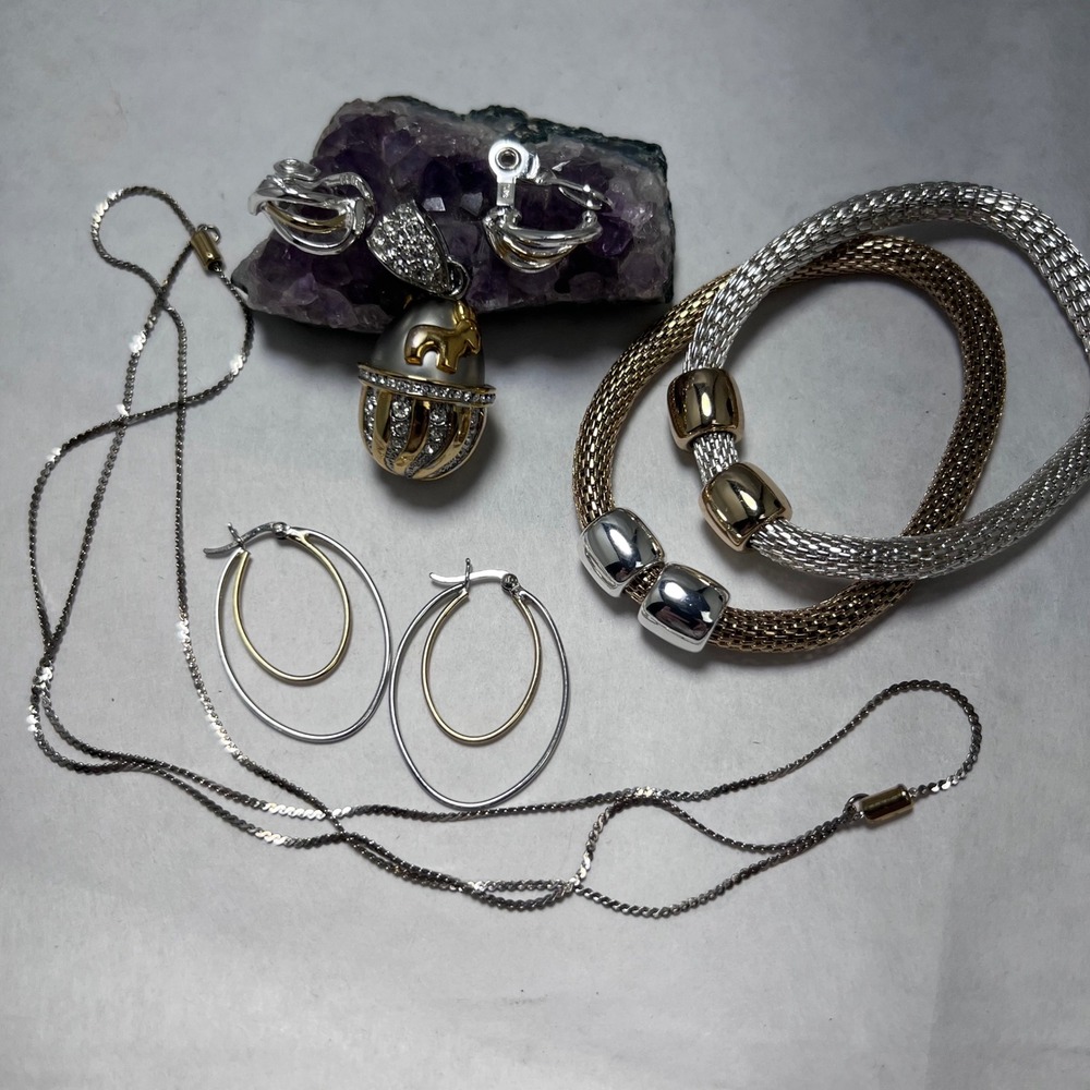 Mixed Jewelry Lot Two Tone Silver Gold Mesh Bangles‎ Egg Pendant Earrings Set